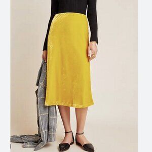 Anthropologie Maeve Velvet Midi Skirt Yellow Crushed Velvet Women's sz Md